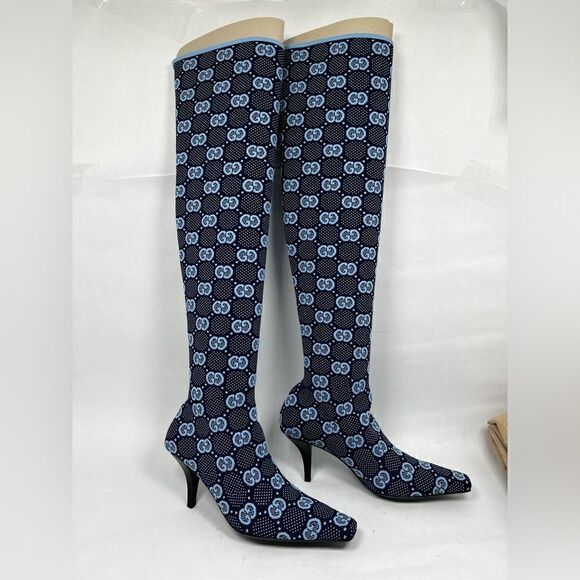 Gucci GG Knit Knee High Demi Boots Heels Blue 36.5 / 6.5 - Picture 2 of 9